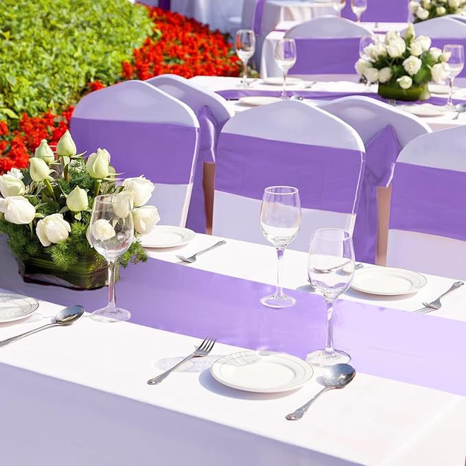 Bencailor 24 Pcs Light Purple Satin Table Runner Bulk 12 x 108 Inches Long Table Runners Bright Smooth Fabric Tablecloth for Wedding Banquet Birthday Valentines St Patrick's Day Party Decorations