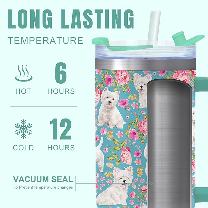 Yogusut Westie Gifts for Women, 40oz Stainless Steel Insulated Tumbler Travel Mug Cup with Handle Straw, Gifts for Dog Mom Dog Lover