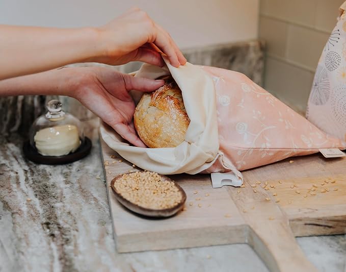 Reusable Beeswax Bread Bag 2 Pack ??2x17 Bread Bag for Homemade Sourdough, Beeswax Coated Organic Cotton Storage Bag for Loaf Baguette, Freezer Safe, Eco-Friendly Wrap Spiral Blossoms