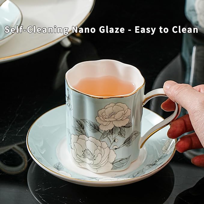 Floral Tea Cup and Saucer Set, Bone China Cup and Saucer with Spoon, Elegant Porcelain Coffee Cup with Gold Trim, Food Grade Coffee Mug for Women, Tea Party, Gifts Giving, 6.8 oz