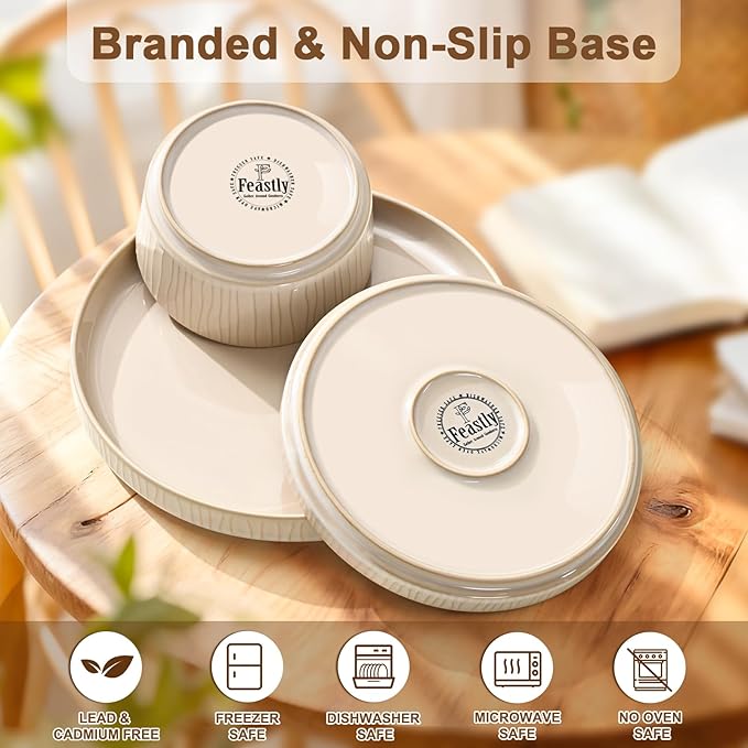 Ceramic Dinnerware Sets for 4, 12 Pcs Ribbed Reactive Glaze Plates and Bowls Sets, Chip Scratch Resistant, Microwave Dishwasher Safe Dish Set, Christmas Housewarming Gifts, Cappuccino White