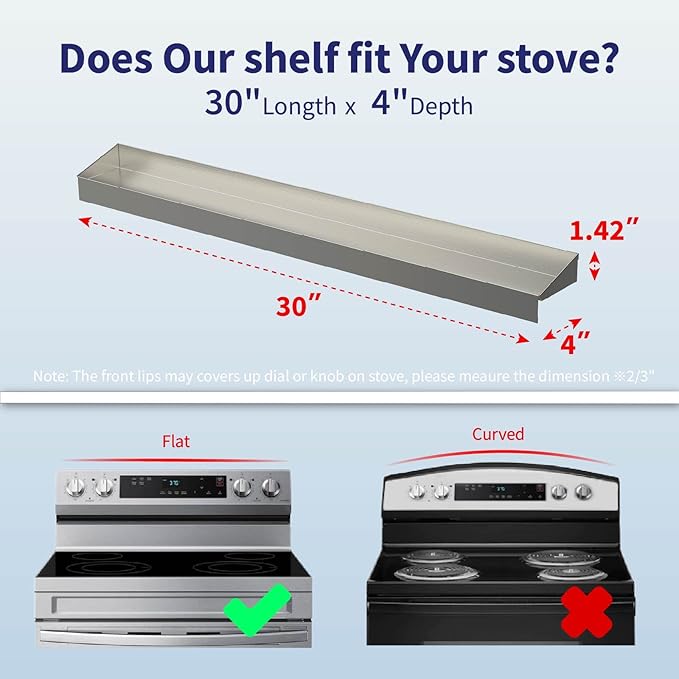 IIIOIIIA Stove Top Magnetic Shelf for Kitchen Organization, 30" Magnetic Spice Rack Over The Stove, 4" Deep Spice Organizer with Border All Around, Brushed Stainless, Silver