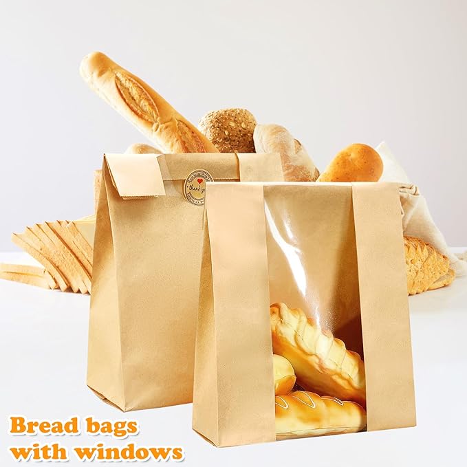 Larger 50 Pack Kraft Sourdough Bread Bags,50% Thicker Bread Bags for Homemade Bread,Pper Bakery Bags with Clear Window, Baked Food Packaging Storage,Bread Bags with Sealing Stickers(13.7x8.2x3.7 inch)
