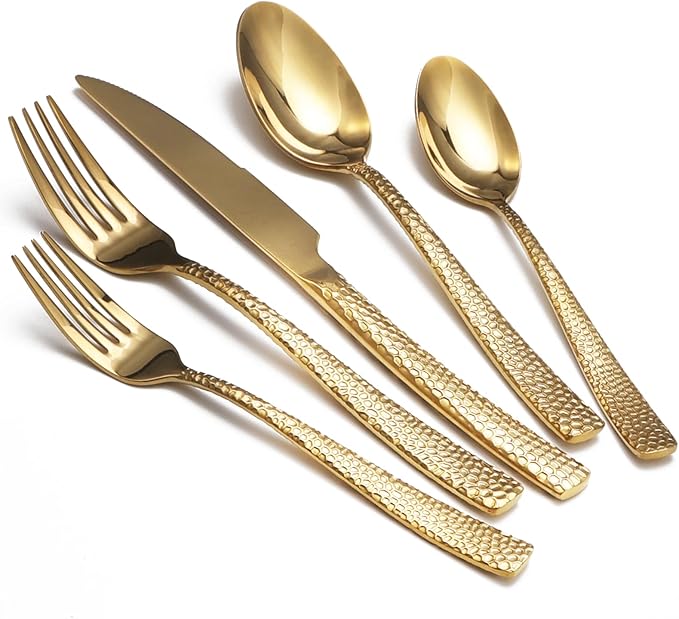 Gold Hammered Silverware Set, 20 Piece Stainless Steel Flatware Set for 4, Food-Grade Tableware Cutlery Set for Home Restaurant, Mirror Polished, Dishwasher Safe
