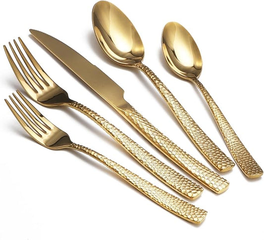 Gold Hammered Silverware Set, 20 Piece Stainless Steel Flatware Set for 4, Food-Grade Tableware Cutlery Set for Home Restaurant, Mirror Polished, Dishwasher Safe