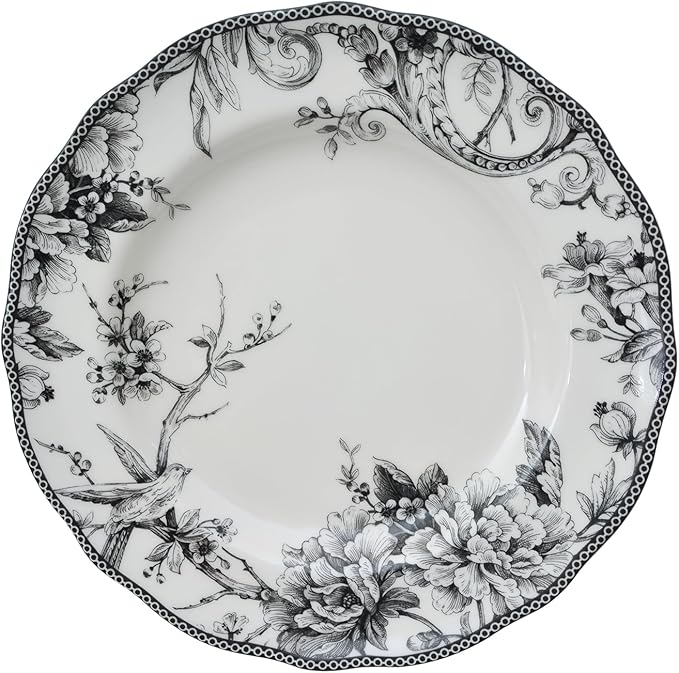 222 Fifth Adelaide 16-Piece Black Porcelain Dinnerware Set ??Service for 4, Featuring Hand-Applied Romantic Woodland Bird Design, for Everyday Dining & Entertainment, Microwave & Dishwasher Safe