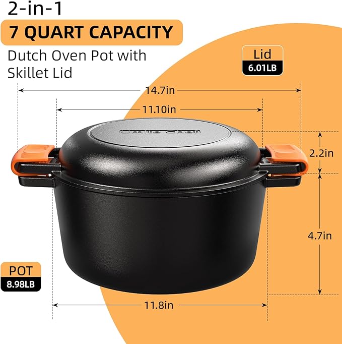 2-in-1 Pre-Seasoned Cast Iron Double Dutch Oven Pot with Skillet Lid & Silicone Sleeves ??Raised Rib Skillet Lid??Umite Chef 7QT Cast Iron Skillet Cookware Pan Set wirh Dual Handles ??Oven, Grill, Campfire & Stovetop Safe ?밣FAS-Free