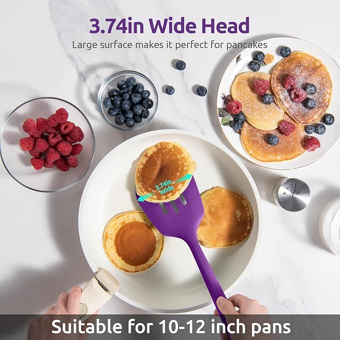600쨘F Heat Resistant Slotted Turner: U-Taste 13.6in Silicone Kitchen Spatula Flipper, 3.74in Wide Food Grade Flexible Thin Rubber Cooking Utensil for Egg, Pancake, Cookie in Nonstick Cookware (Purple)