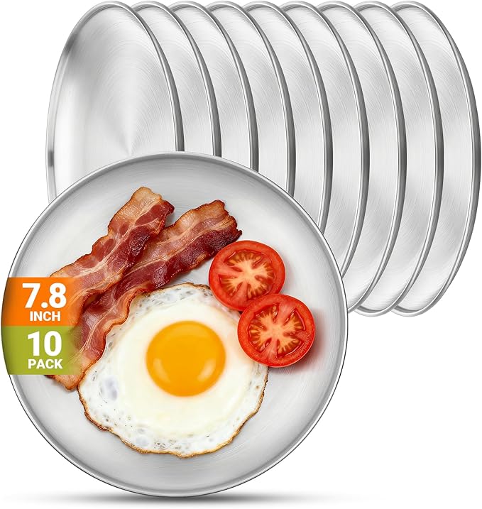 10 Stainless Steel Plates, 7.8 inch Small 201 Metal Camping Plate, Reusable Food Serving Dishes Snack Eating Round Shatterproof Brushed Finish Silver Dish for Dinner Oven Dishwasher Safe