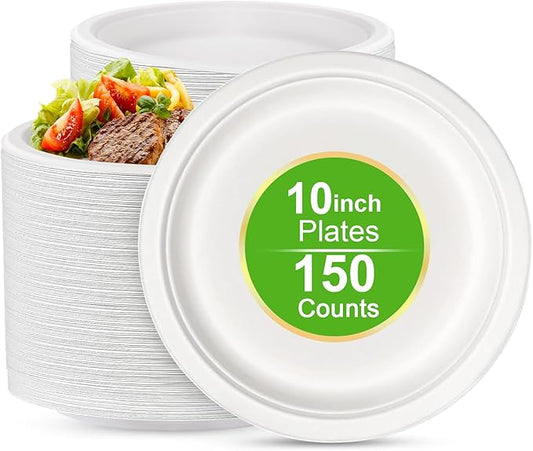 10 Inch Compostable Disposable Paper Plates, 150 Pack Heavy Duty Paper Plates, Made Of Eco-Friendly, Natural Sugarcane Bagasse
