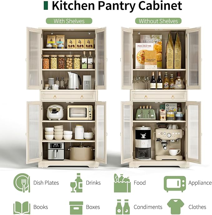 Kitchen Pantry Cabinet with Arcylic Doors and Adjustable Shelves - 72" Tall Storage Cabinet Freestanding Cupboard with Drawer, Food Pantry Cabinet, Wood Storage Cabinets for Dining Room, White