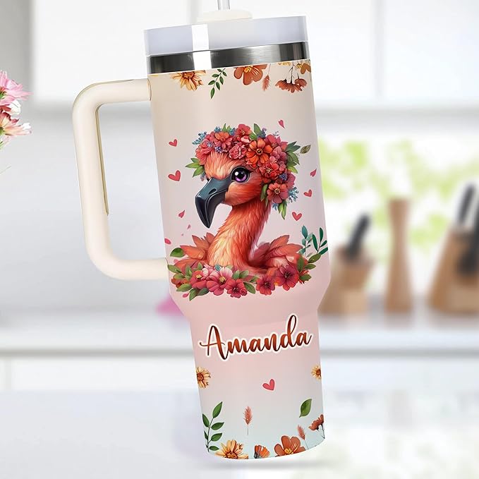 AGGLOMEKC Personalized Cute Flamingo Cup - Mother's Day Birthday Gift For Animal Lovers - Just A Girl Who Loves Flamingo Tumbler 40oz With Custom Name - Pet Lover Gifts For Women, Her