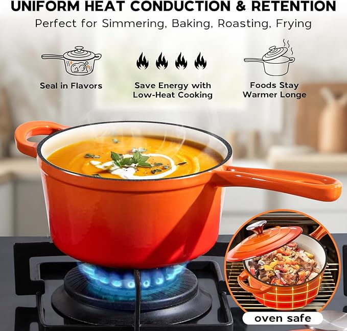 Onader 2 Quart Saucepan with Lid, Enameled Cast Iron Sauce Pan, Small Cooking Sauce Pot, Enamel Dutch Oven Pot Nonstick ??Sunset Orange