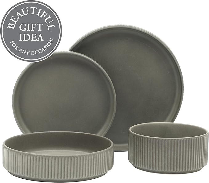 Gibson Elite Deerfield 16-Piece Stoneware Dinnerware Set ??Soft Grey Reactive Glaze, Stackable Plates and Bowls, Service for 4 ??Microwave & Dishwasher Safe