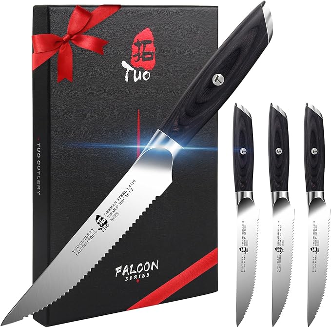 TUO Steak Knives - 4 Piece Steak Knife Set, Serrated Edge Steak Knives 5 inch Kitchen Knife - German High Carbon Stainless - Full Tang Pakkawood Handle - Falcon Series with Gift Box