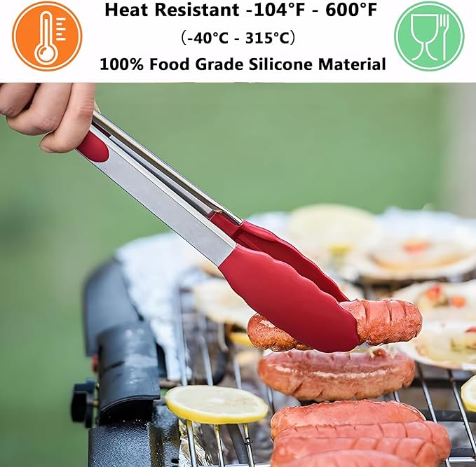 Kitchen Silicone Tongs for Cooking with Non-Slip Silicone Tips, 600째F Heat Resistant Cooking Food Tong Set Heavy Duty Stainless Steel Handle for Baking Grilling BBQ Serving, 2 Pack (9" & 12")