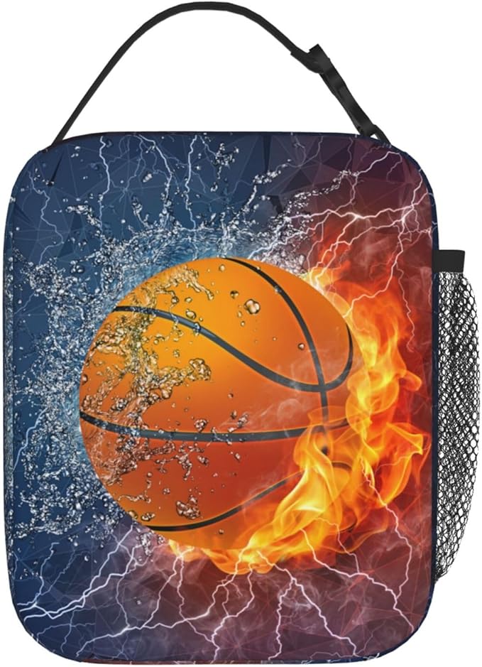 YIJIUWKIS Basketball Lunch Box for Kids Teens Boys Girls, Sports Insulated Lunch Bag Leakproof Portable Meal Bags with Side Pocket, Durable Reusable Tote Bag for Beach/Picnic/School/Work