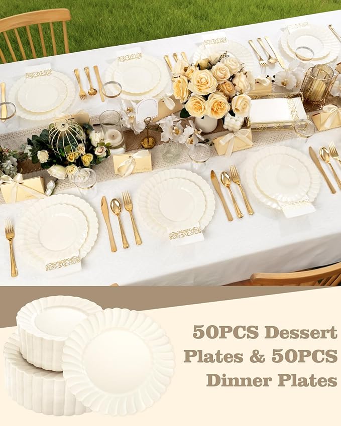 YOUBET 100PCS Ivory Scalloped Plastic Plates - Heavy Duty Disposable Fancy Hard Plates Include 50 Dinner Plate, 50 Dessert Plate, for Wedding & Party