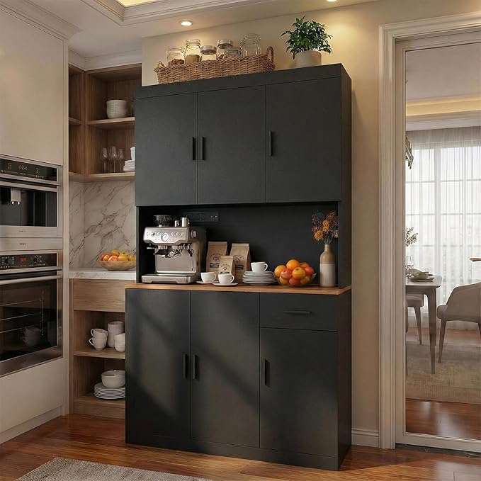 71 Inch Black Pantry Cabinet with Power Outlet, Heavy-Duty Freestanding Kitchen Storage Organizer with Reinforced Frame, Pantry Hutch for Kitchen, Dining Room, Living Room