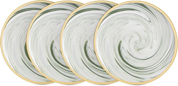 16 Piece Plates and Bowls Sets, Fine China Artisan Marbled Dinner Set for 4, Dishwahser Safe, Scratch Resistant, Green with Gold Line