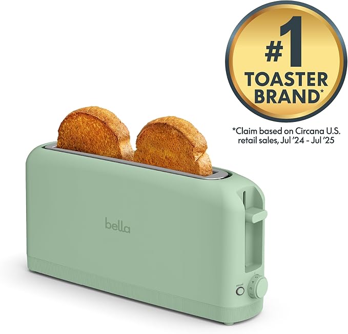 bella 2 Slice Slim Toaster, Fits-anywhere??Kitchenware, 6 Setting Shade Control with Reheat & Cancel Buttons, Fits Sourdough, 10??Long Slot, Anti Jam & Auto Shutoff, 900 Watt, Seaglass