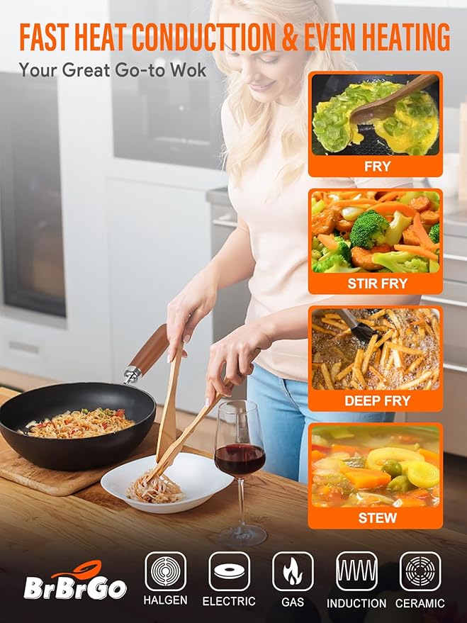 10.5-Inch Carbon Steel Wok ??Lightweight Flat-Bottom Stir-Fry Pan for 2?? Servings, Authentic Chinese Cooking, 2-Piece Set