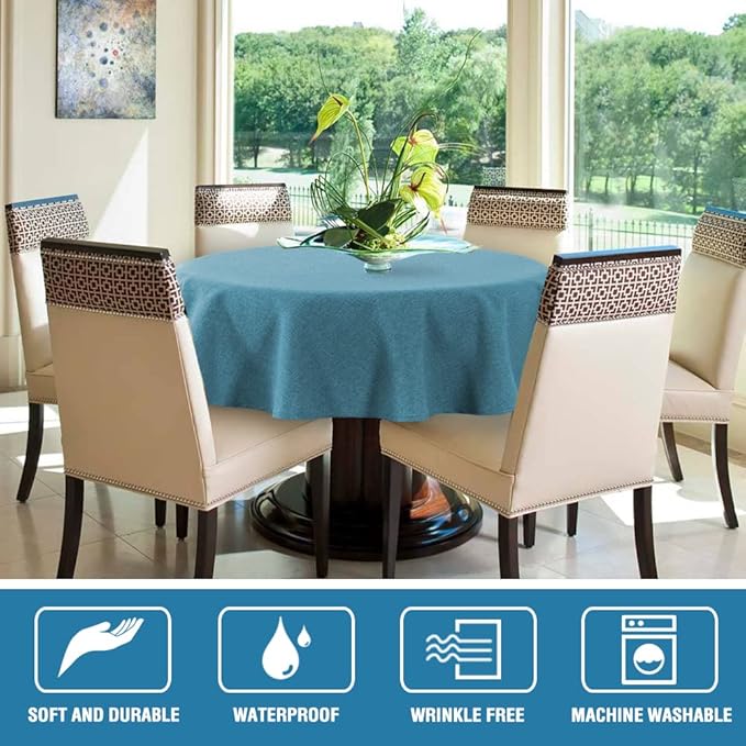 H.VERSAILTEX Linen Textured Tablecloth Round 60 inch Waterproof Decorative Table Cloth Spill-Proof Linen Look Cover for Party Table Extra Soft and Thick Fabric Wrinkle Free, Heather Storm Blue