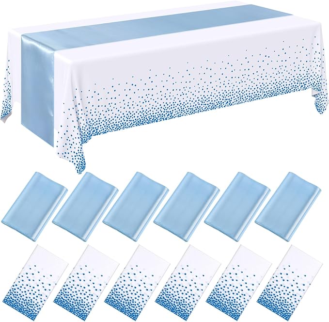 Tudomro 12 Pcs White and Light Blue Disposable Plastic Tablecloths and Satin Table Runner Set 54x108 Inch Tablecloth 12x108 Inch Table Runners for New Year Wedding Birthday Baby Shower Graduation
