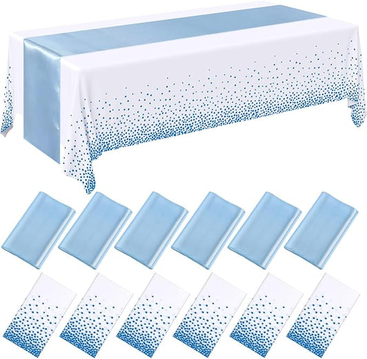 Tudomro 12 Pcs White and Light Blue Disposable Plastic Tablecloths and Satin Table Runner Set 54x108 Inch Tablecloth 12x108 Inch Table Runners for New Year Wedding Birthday Baby Shower Graduation