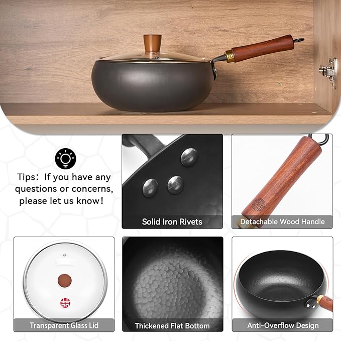 WANGYUANJI Wrought Iron Flat Bottom Wok with Glass Lid ??Detachable Wooden Handle, Non-Coated Naturally Nonstick Frying Pan for Gas, Electric & Induction Stoves (Black Deep-Bowl Wok, 9.5 inch)