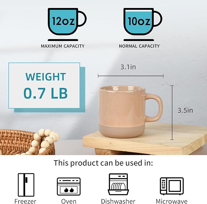 12oz Coffee Mug Set for 6, Tea Cups with Handle for Coffee, Tea, Cocoa, Milk (Cinnamon)