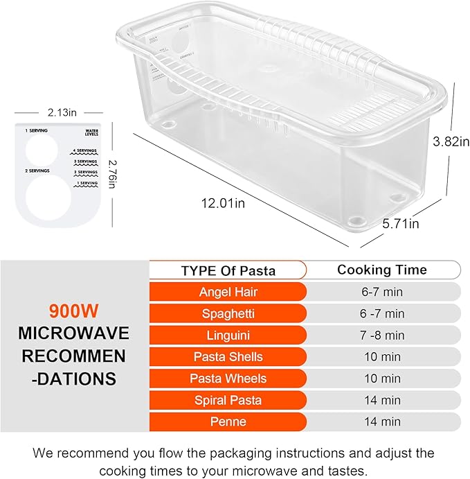 Microwave Pasta Pot with Strainer Lid & Measuring Cup Clip Quickly Cook 1-4 Servings-No Mess, Sticking or Waiting For Boil, Pasta Cooker in Microwave for Dorm Kitchen Office College Essential