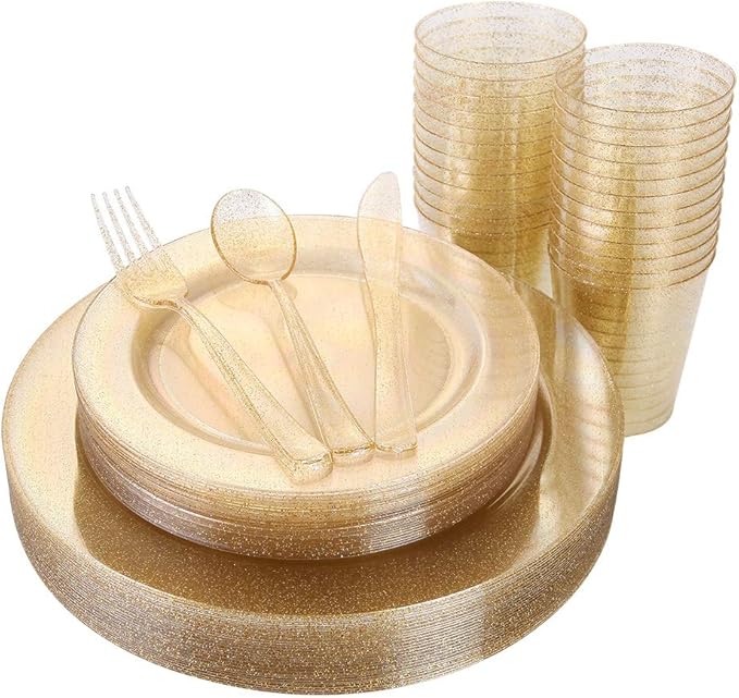 I00000 150PCS Gold Disposable Plates Silverware, Gold Glitter Dinnerware Set Include 25 Dinner Plates 10.25?쇺? 25 Dessert Plates 7.5?쇺? 25 cups 10 OZ, 25 Forks, 25 Knives, 25 Spoons for Wedding,Party