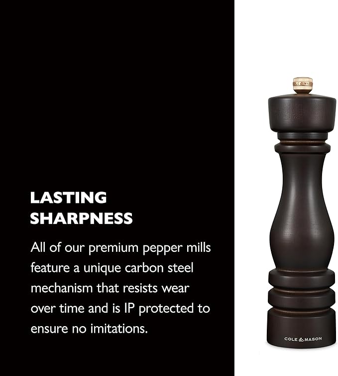 Cole & Mason London Refillable Spice Mill - Kitchen & Home Accessory - Salt & Pepper Grinder Set - Salt Mill with Ceramic Mechanism - Pepper Mill with Carbon Steel Mechanism - 8", Chocolate Wood
