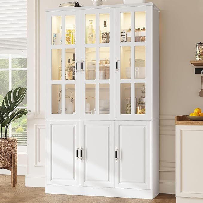 MEISSALIVVE 78.7" Kitchen Pantry Storage Cabinet with LED Lights, Tall Pantry Cabinet with Glass Doors, Kitchen Hutch Utility Pantry, White (47.2" W x 15.7" D)