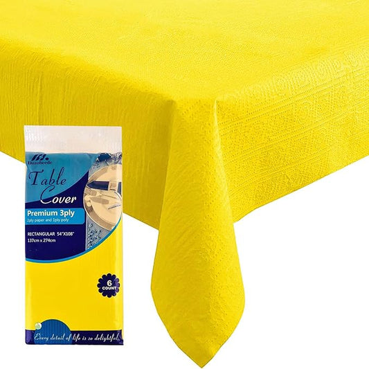 [6 Pack] Yellow Paper Tablecloth Disposable for Rectangle Tables, 54 X 108 Inch Party Table Cover with Plastic Backing, Waterproof 3 Ply Table Cloth for Cocktail Birthday Baby Shower
