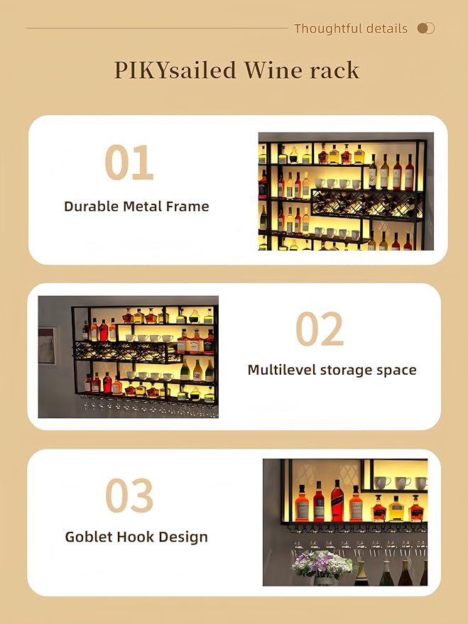 118 Inch Iron Wall Mounted Wine Rack & Bar Shelf for Liquor Bottles, Industrial Wall Bar Shelf with LED Lights, Large Capacity Metal Hanging Goblet Rack for Kitchen, Dining Room, Black