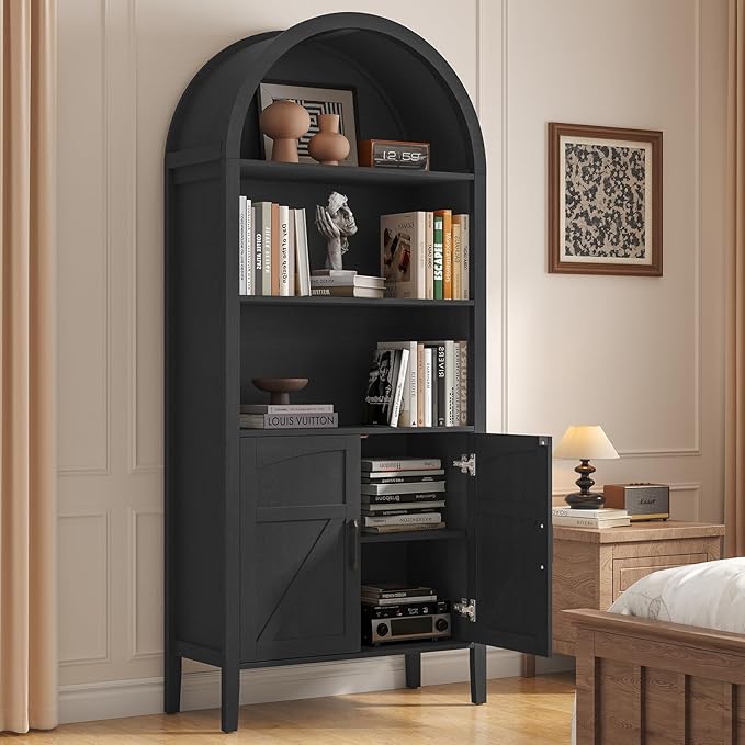 ONBRILL 71" Tall Arched Bookshelf, 5-Tier Arched Bookcase with Door & Storage Cabinet, Farmhouse Display Bookshelf Cabinet with Adjustable Shelf, Freestanding Wood Bookcase for Home Office, Study