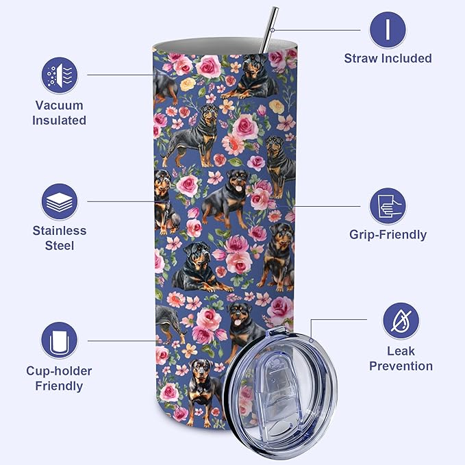 Yogusut Rottweiler Gifts for Women, 20oz Stainless Steel Insulated Tumbler Travel Mug Cup with Lid Straw Brush, Gifts for Dog Mom Dog Lover