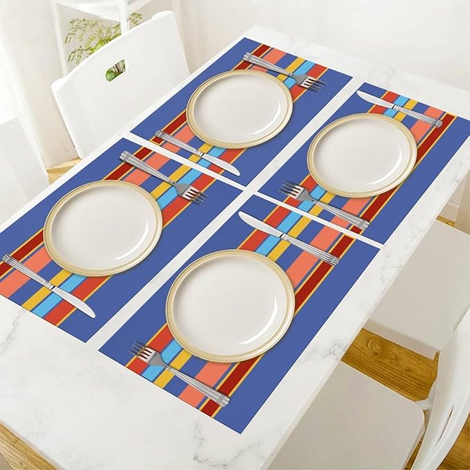 Modern Orange Blue Yellow Coral Stripes Placemat, Set of 4 Heat Resistant PVC Place Mats for Kitchen Table