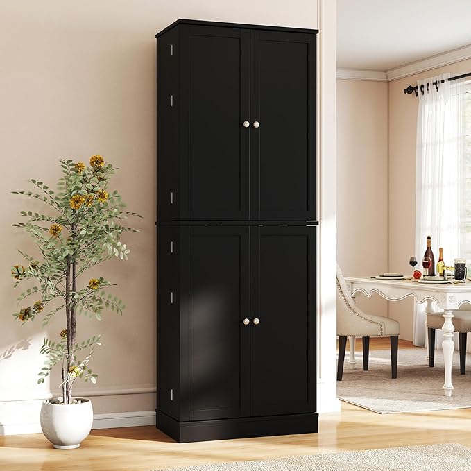 Giantex Kitchen Pantry Cabinet, 65.5" Tall Kitchen Hutch w/8-Tier Storage Cabinet, 16-Tier Door Shelves & Adjustable Shelves, 4-Door Freestanding Buffet Sideboard for Dining Room, Living Room (Black)