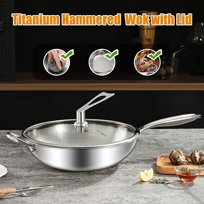 Titanium Hammered Wok with Double Handles, Frying Pans Nonstick, Non-Stick Wok, Scratch-Resistant Non Stick Titanium Pans for Cooking,14.17IN
