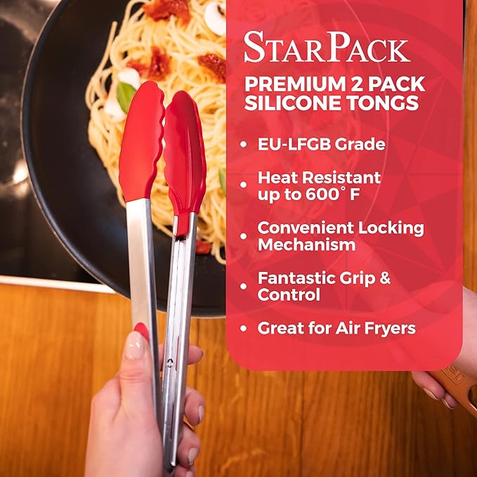 StarPack Premium Silicone Kitchen Tongs Set of 2 (9-Inch & 12-Inch) - Stainless Steel with Non-Stick Silicone Tips, High Heat Resistant to 480째F, For Cooking, Serving, Grill, BBQ & Salad (Cherry Red)