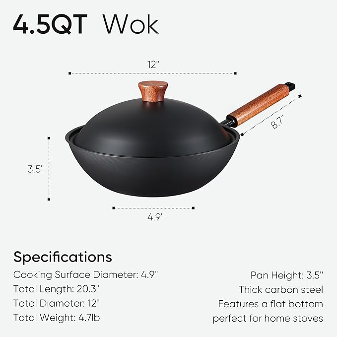 CAROTE 12" Carbon Steel Wok Pan, 4.5QT Woks & Stir-fry Pans Nonstick, No Chemical Coated Pre-Seasoned Flat Bottom Wok with Lid for Stir Fry, Chinese Cast Iron Wok, Cooking Pan, All Stovetop Compatible