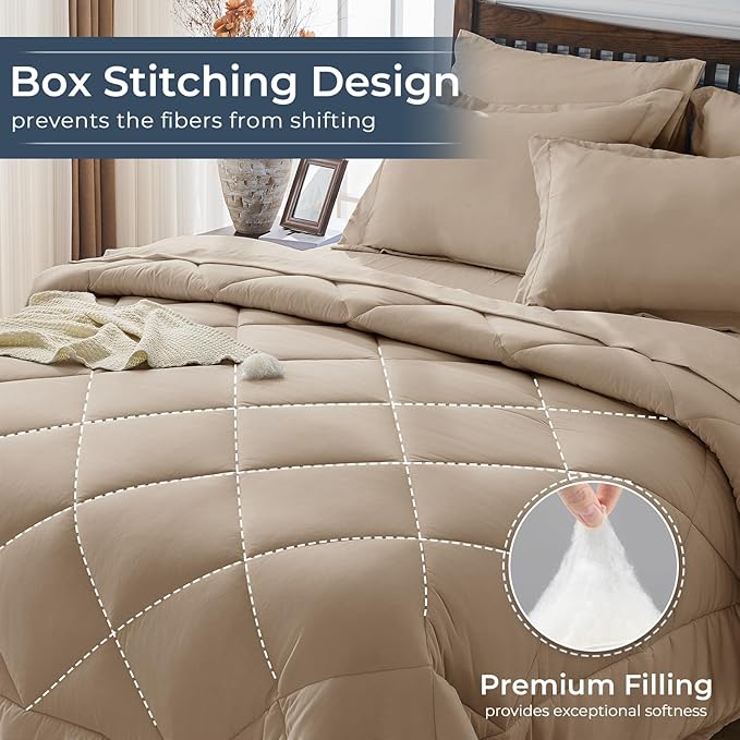 HEVUMYI Khaki King Comforter Set - 7-Piece All Season Bed in a Bag King, Ultra Soft Bedding Set with Comforter, Flat Sheet, Fitted Sheet, Pillowcases, Pillow Shams