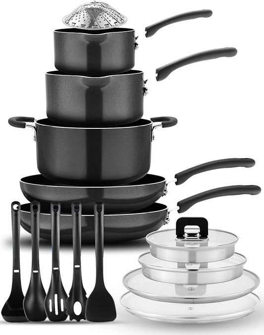 NutriChef 17-Piece Non-Stick Pans & Pots Set ??Space-Saving, Induction-Compatible, Foldable Knob, Black Cookware with Heat-Resistant Utensils for Kitchen & RV