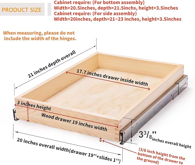 20?쓂 x 21?쒭 x 3?쒱 Soft Close Slide Out Wood Drawer Organizer for Kitchen, (Cabinet Width>20.5 inches for Bottom Assembly, Width= 20 inches for Side Assembly)