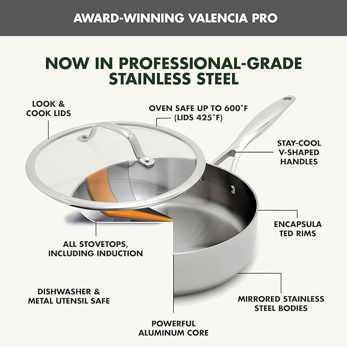 GreenPan Valencia Tri-Ply Stainless Steel 5QT Saute Pan with Lid, Induction Ready, Mirror Finish, Dishwasher Safe & Oven/Broiler Safe to 600F, Compatible with All Cooktops, Silver
