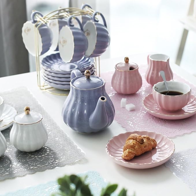 Sweejar Porcelain Tea Sets British Royal Series, 8 OZ Cups & Saucer Service for 6, with Teapot Sugar Bowl Cream Pitcher Teaspoons and Tea Strainer, Suitable for High Tea, Wedding, Party（Beige）