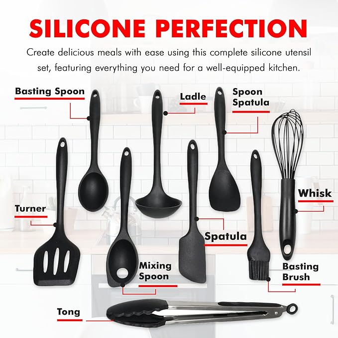 Chef Craft - Premium Silicone Kitchen Tools and Utensils Set, Non-Scratch, Withstands Temperatures up to 450째F, BPA-Free, 9 Piece Cooking Utensils Set, Black